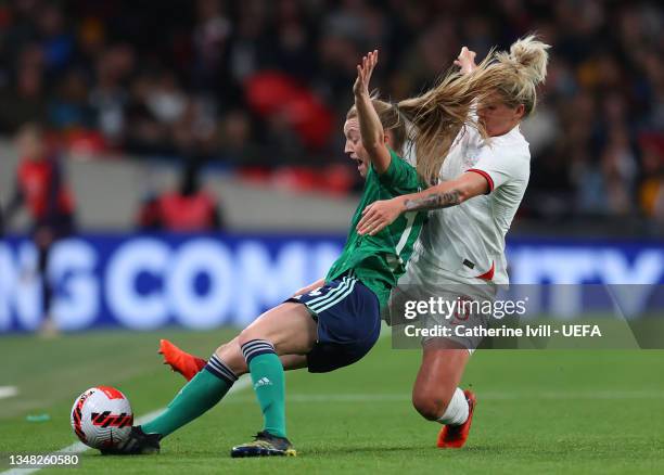 Lauren Wade of Northern Ireland is challenged by Millie Bright of England during the FIFA Women's World Cup 2023 Qualifier group D match between...