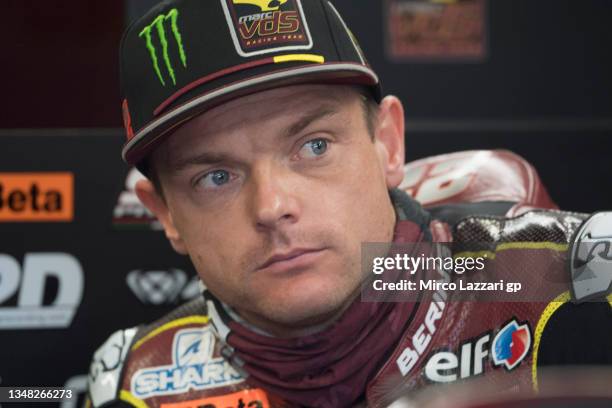 Sam Lowes of Great Britain and Elf Marc VDS Racing Team looks on in box during the MotoGP of Emilia Romagna - Qualifying at Misano World Circuit on...