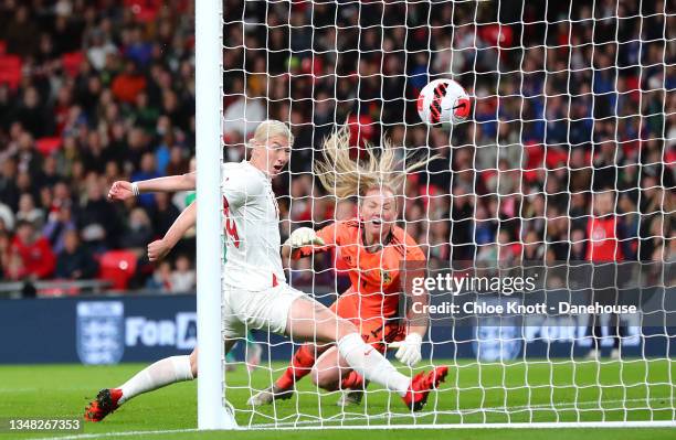 Bethany England of England scores her teams second goal during the FIFA Women's World Cup 2023 Qualifier group D match between England and Northern...