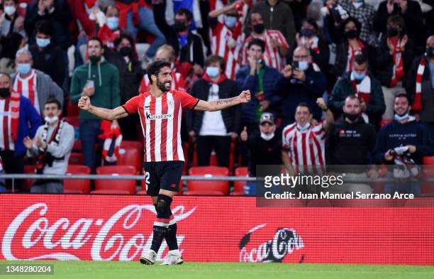Raul Garcia of Athletic Bilbao celebrates after scoring their team's first goal during the LaLiga Santander match between Athletic Club and...