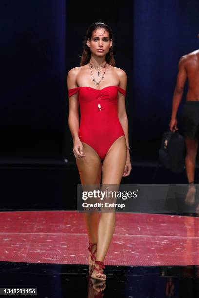 Model walks the runway during the Arcadio Dominguez Fashion show during the Gran Canaria Moda Calida Swimwear on October 23, 2021 in Las Palmas de...