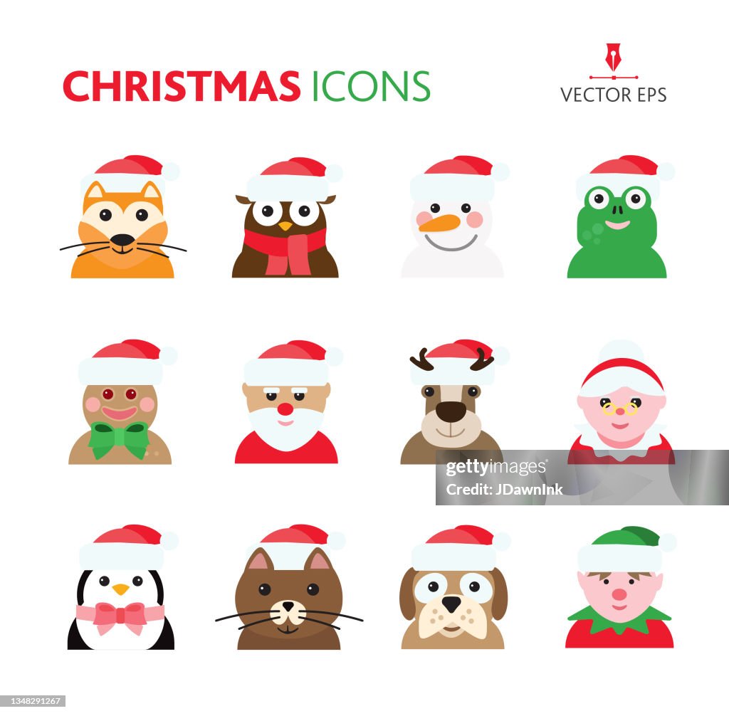 Christmas icon set with Santa Claus, elf, Mrs. Claus, animals and birds smiling and wearing a red santa hat