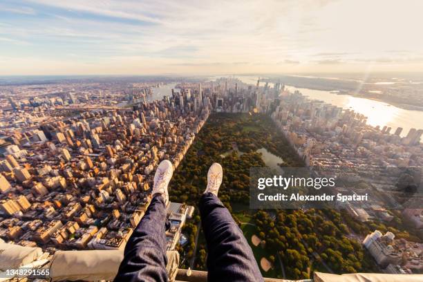 looking at manhattan cityscape from helicopter, personal perspective view, new york, usa - helicopter view stock pictures, royalty-free photos & images