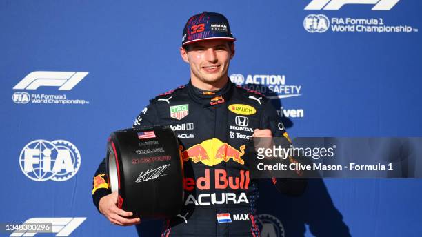 Pole position qualifier Max Verstappen of Netherlands and Red Bull Racing celebrates in parc ferme during qualifying ahead of the F1 Grand Prix of...