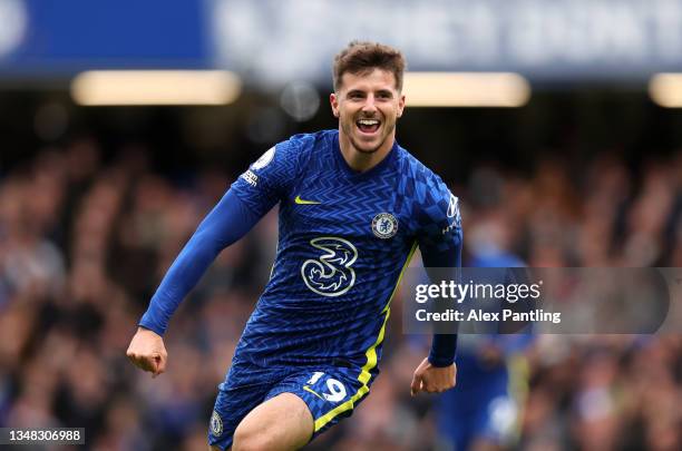 Mason Mount of Chelsea celebrates after scoring his sides first goal during the Premier League match between Chelsea and Norwich City at Stamford...