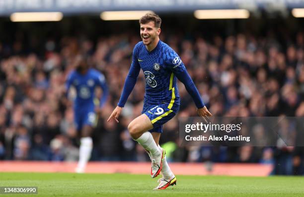 Mason Mount of Chelsea celebrates after scoring his sides first goal during the Premier League match between Chelsea and Norwich City at Stamford...
