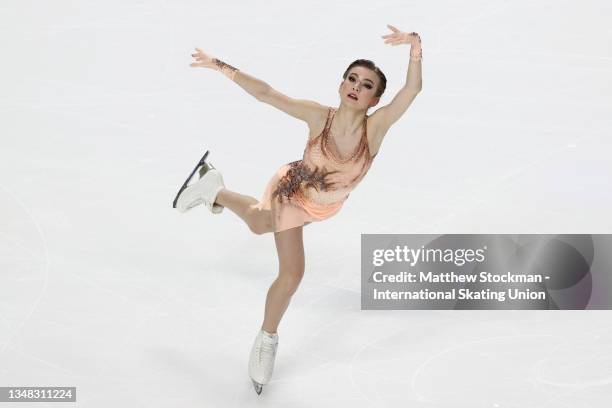 Daria Usacheva skates in the Women's Short Program during the ISU Grand Prix of Figure Skating - Skate America at Orleans Arena on October 23, 2021...