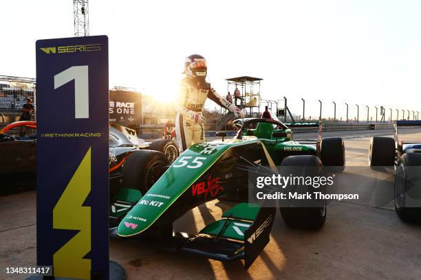Race winner Jamie Chadwick of Great Britain and Veloce Racing celebrates in parc ferme during W Series race one at Circuit of The Americas on October...