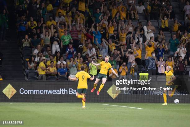 Australia's Clare Polkinghorne celebrates a goal during the Women's International Friendly match between the Australian Matildas and Brazil at...