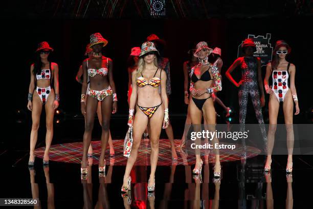 Model walks the runway during the Nuria Gonzalez Fashion show during the Gran Canaria Moda Calida Swimwear on October 23, 2021 in Las Palmas de Gran...