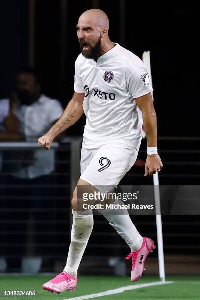Gonzalo Higuain of Inter Miami CF celebrates a goal in the 53' minute against FC Cincinnati during the second half at DRV PNK Stadium on October 23,...