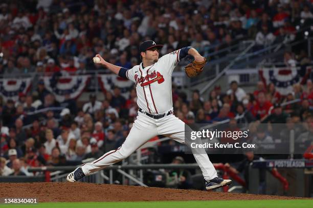 Luke Jackson of the Atlanta Braves throws a pitch during the seventh inning of Game Six of the National League Championship Series against the Los...