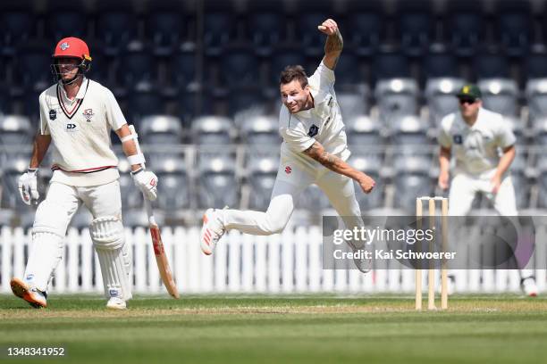 Doug Bracewell of the Central Stags bowls during the Plunket Shield match between Canterbury and Central Stags at Hagley Oval on October 24, 2021 in...