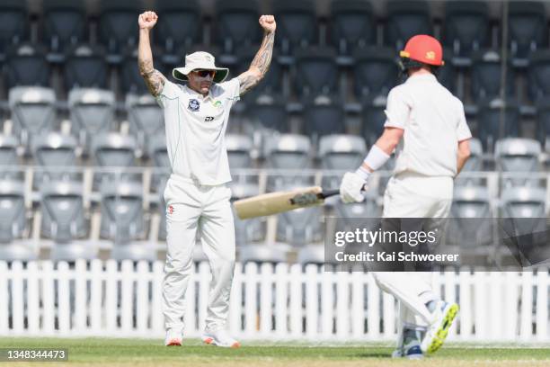 Doug Bracewell of the Central Stags reacts after Cole McConchie of Canterbury is dismissed by Blair Tickner of the Central Stags during the Plunket...