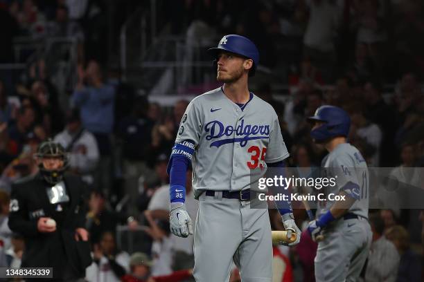 Cody Bellinger of the Los Angeles Dodgers reacts to a strike out during the ninth inning of Game Six of the National League Championship Series...