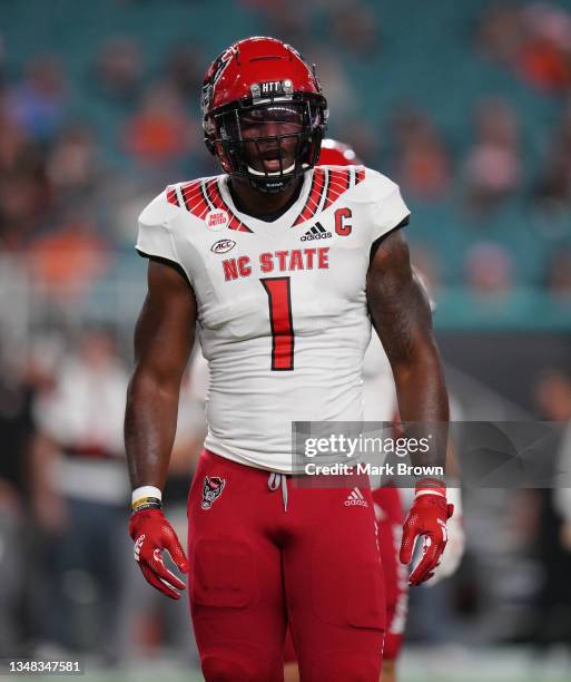 Isaiah Moore of the North Carolina State Wolfpack looks on during the game against the Miami Hurricanes at Hard Rock Stadium on October 23, 2021 in...