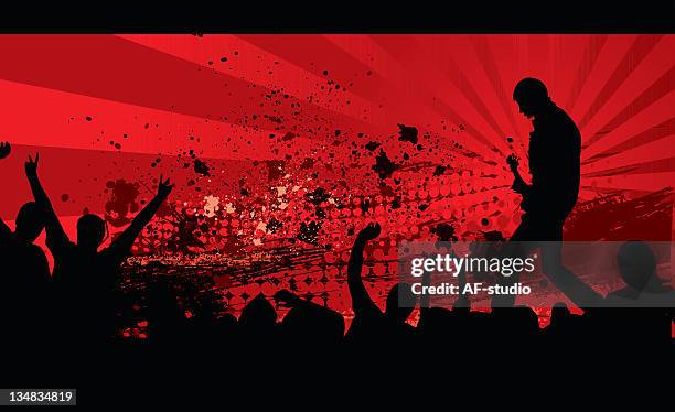 artistic image of crowd cheering set against red background - red string stock illustrations