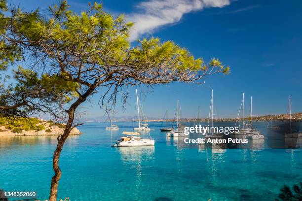 yachts in turquoise water near the green island of moni eginas, greece. - sailing greece stock pictures, royalty-free photos & images