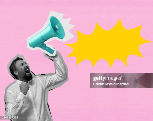 man talking with megaphone - assertiveness stock pictures, royalty-free photos & images