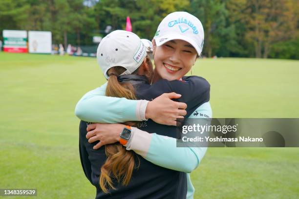 Retiring Ha-neul Kim of South Korea hugs with Bo-mee Lee after holing out during the final round of the Nobuta Group Masters GC Ladies at Masters...