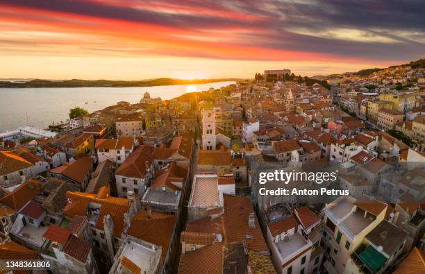 aerial view of old town of sibenik in croatia at sunset - sibenik croatia stock pictures, royalty-free photos & images