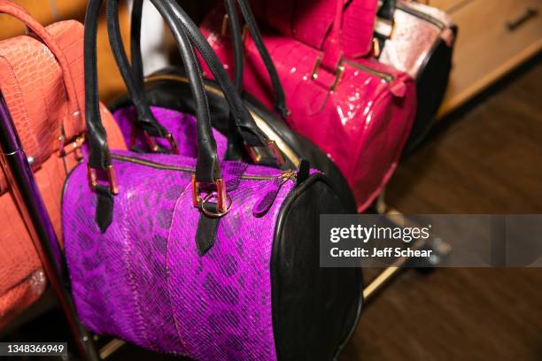 General view of designer bags backstage at FTM Fashion Week Season 9 at the Jacksonville Onslow Council for the Arts on October 23, 2021 in...