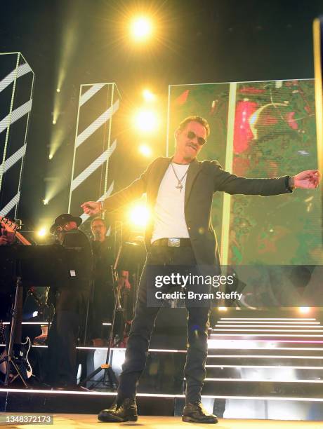 Singer Marc Anthony performs during a stop of his Pa'lla Voy tour at Michelob ULTRA Arena on October 23, 2021 in Las Vegas, Nevada.