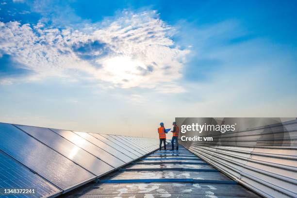 deux techniciens à distance discutant entre de longues rangées de panneaux photovoltaïques - questions environnementales photos et images de collection