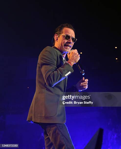 Singer Marc Anthony performs during a stop of his Pa'lla Voy tour at Michelob ULTRA Arena on October 23, 2021 in Las Vegas, Nevada.