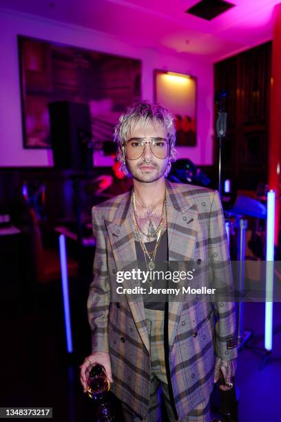 Bill Kaulitz seen backstage during the Tokio Hotel New Album Release Party on October 22, 2021 in Berlin, Germany.