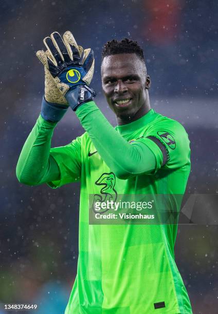 Edouard Mendy of Chelsea applauds the fans after the UEFA Champions League group H match between Chelsea FC and Malmo FF at Stamford Bridge on...