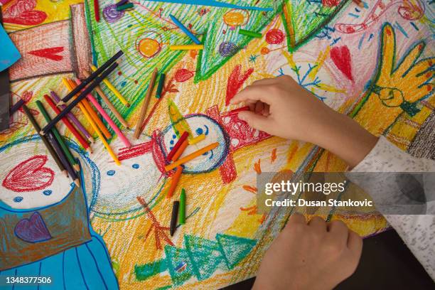 creative boy, making christmas art and craft - colored pencils stock pictures, royalty-free photos & images