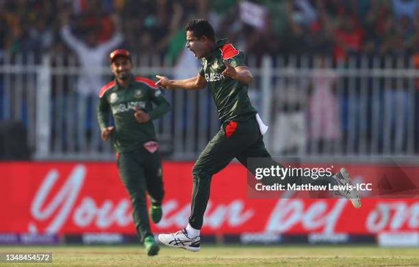 Nurul Hasan of Bangladesh celebrates the wicket of Kusal Perera of Sri Lanka during the ICC Men's T20 World Cup match between Sri Lanka and...