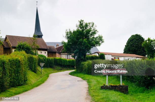 the road into camembert village, normandy, france - french cheese stockfoto's en -beelden