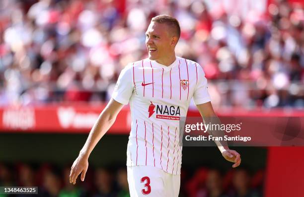 Ludwig Augustinsson of Sevilla FC reacts during the LaLiga Santander match between Sevilla FC and Levante UD at Estadio Ramon Sanchez Pizjuan on...