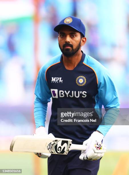 Rahul of India looks on ahead of the ICC Men's T20 World Cup match between India and Pakistan at Dubai International Stadium on October 24, 2021 in...
