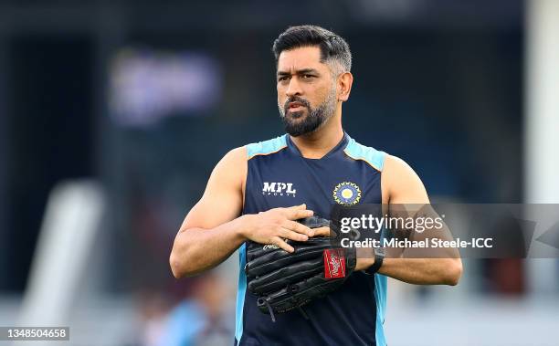 Dhoni, Mentor of India looks on ahead of the ICC Men's T20 World Cup match between India and Pakistan at Dubai International Stadium on October 24,...