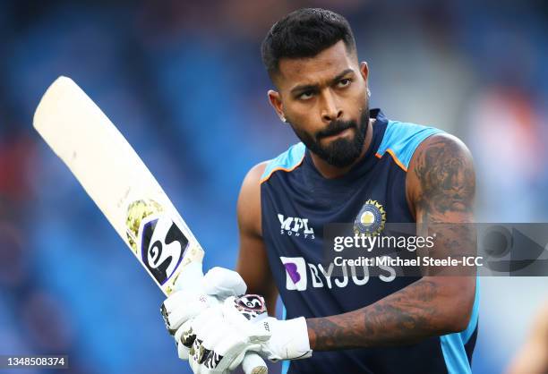 Hardik Pandya of India warms up ahead of the ICC Men's T20 World Cup match between India and Pakistan at Dubai International Stadium on October 24,...