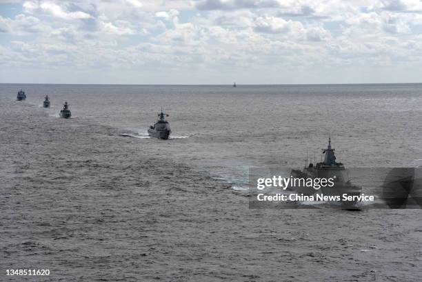 Fleets of China and Russia attend a farewell ceremony after the China-Russia 'Joint Sea-2021' military drill on October 23, 2021 in the eastern...