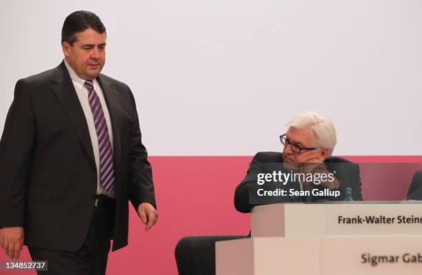 Sigmar Gabriel , Chairman of the German Social Democrats , and leading SPD member Frank-Walter Steinmeier attend the SPD annual federal congress on...