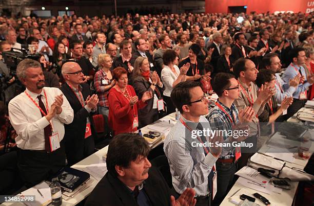 Delegates applaude at the annual federal congress of the German Social Democrats on December 4, 2011 in Berlin, Germany. The SPD is Germany's biggest...