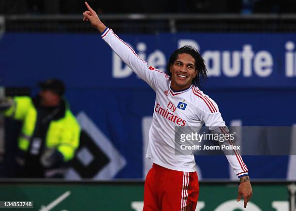 Paolo Guerrero of Hamburg celebrates after scoring his team's first goal during the Bundesliga match between Hamburger SV and 1. FC Nuernberg at...