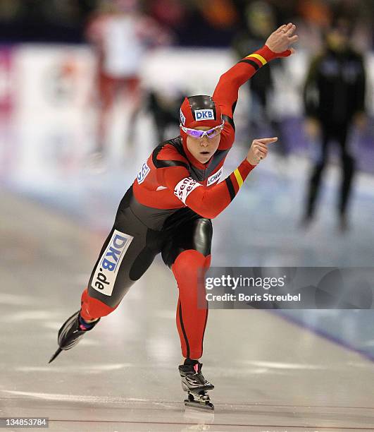 Monique Angermueller of Germany competes in the women's 1000 m Division A race during the Essent ISU World Cup Speed Skating on December 4, 2011 in...