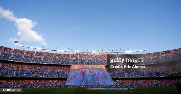 General view inside the stadium as the fans unveil a large flag prior to the LaLiga Santander match between FC Barcelona and Real Madrid CF at Camp...