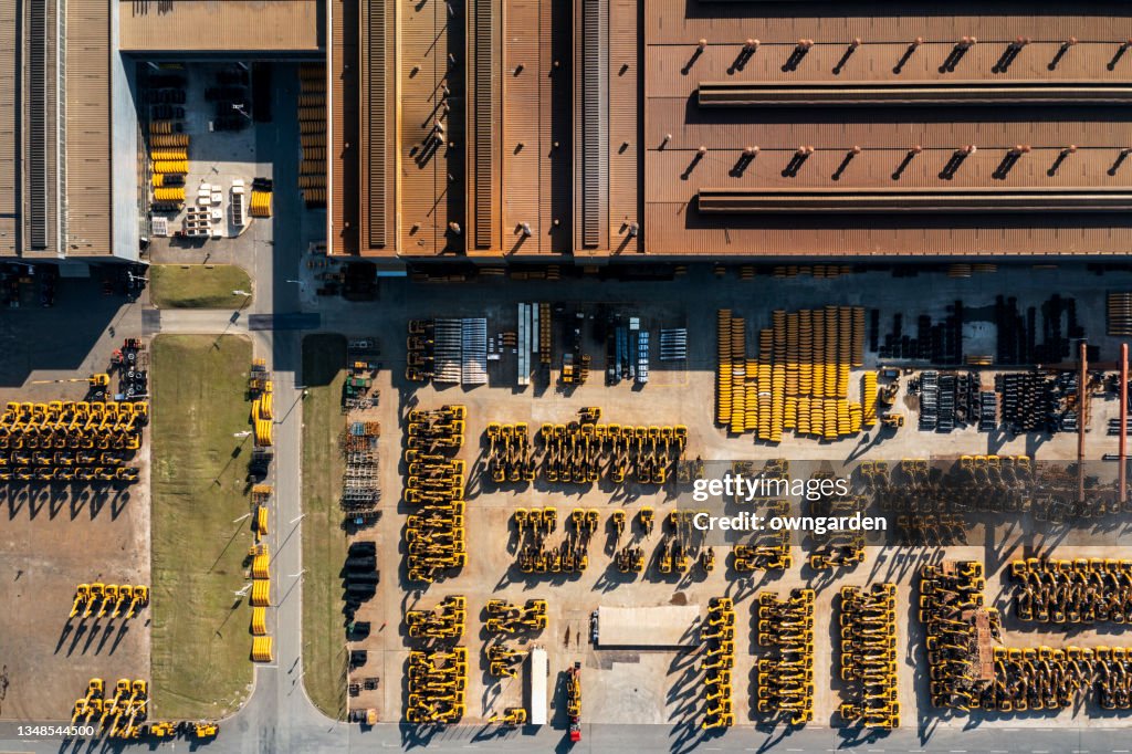 Aerial image showing a group of construction vehicles