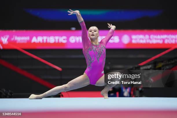 Angelina Melnikova of RGF competes in the Women's Floor Exercise Final during the Apparatus Finals on day seven of the 50th FIG Artistic Gymnastics...