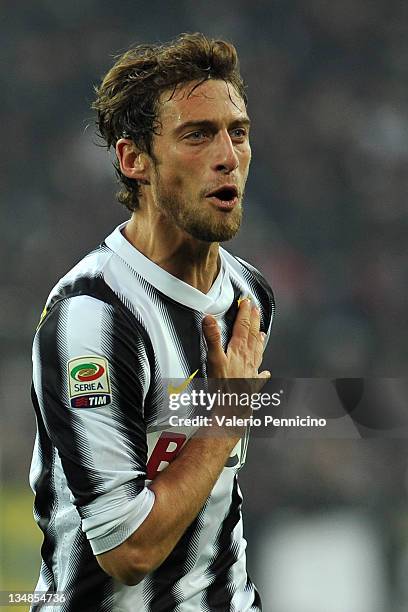 Claudio Marchisio of Juventus FC celebrates after scoring the opening goal during the Serie A match between Juventus FC and AC Cesena at Juventus...