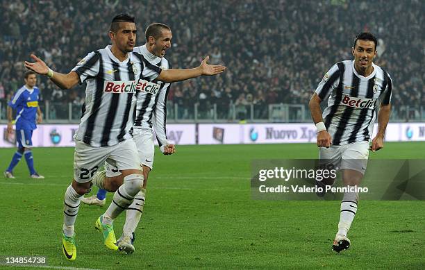 Arturo Vidal of Juventus FC celebrates his goal from the penalty spot during the Serie A match between Juventus FC and AC Cesena at Juventus Stadium...