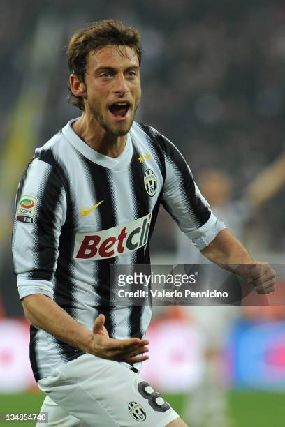 Claudio Marchisio of Juventus FC celebrates after scoring the opening goal during the Serie A match between Juventus FC and AC Cesena at Juventus...