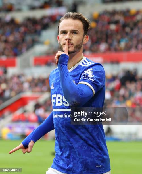 James Maddison of Leicester City celebrates after scoring their side's second goal during the Premier League match between Brentford and Leicester...